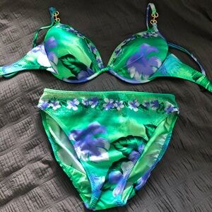 Vintage Tara Grinna Tropical Green and Purple Floral Bikini Set